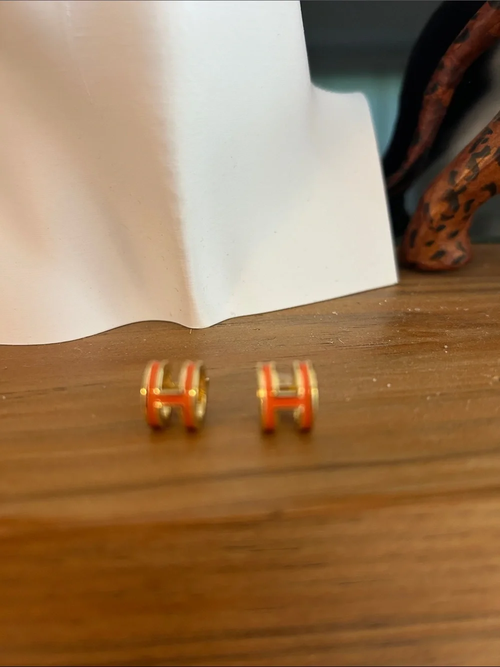 Orange H Stud Earrings Gold Tone Enamel Designer Inspired (NWOT)
